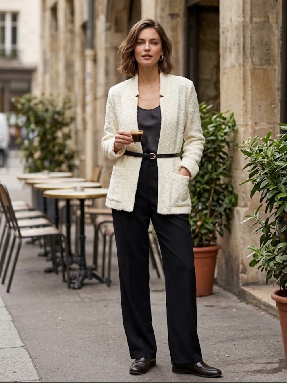 Vintage Chablis 80s Cream Bouclé Zip-Front cardigan Jacket with black Belt